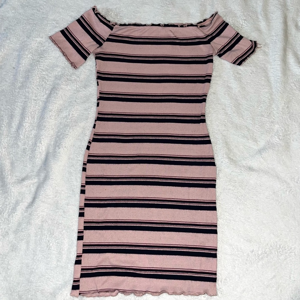Fashion Nova Pink and Black Striped Off-Shoulder Mini Dress